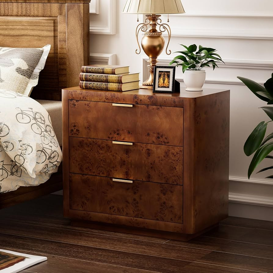 COZAYH Burl Finish 3 Drawer Nightstand, Rustic Farmhouse Dresser with Metal Handles, Vintage Acce... | Amazon (US)