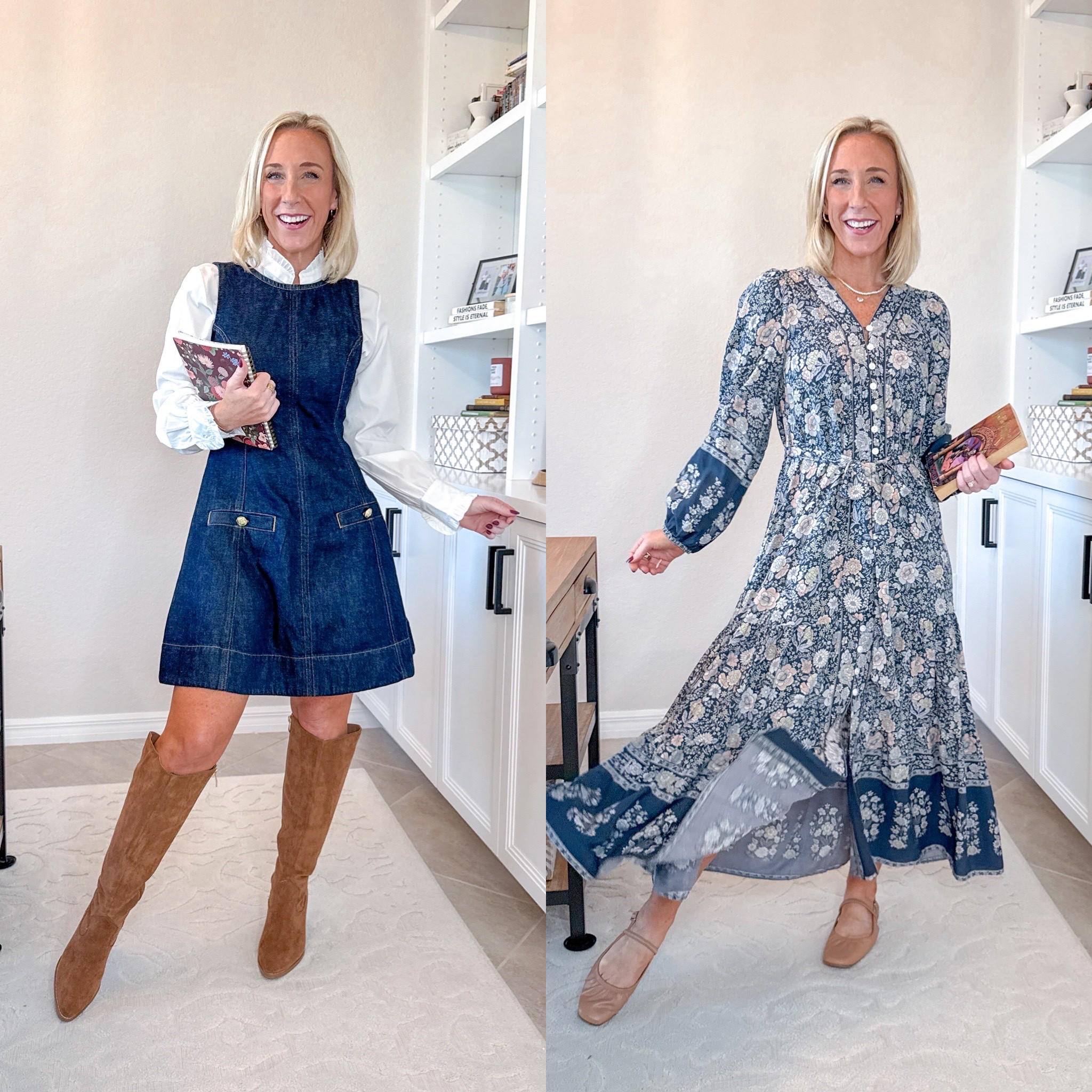 Week of Work Wear:

MONDAY: denim dress - size XS // ruffle button down - size small // boots - size up a 1/2. 

WEDNESDAY: long sleeve maxi dress - size small // nude sling back flats - tts. 

 * teacher outfit, teacher clothes, teacher style, office outfit.
 

 

#LTKFindsUnder50 #LTKWorkwear #LTKSeasonal