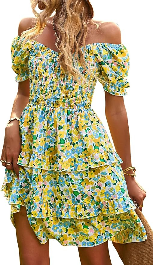 NIVYEE Women's Casual Floral Summer Dress Puff Sleeve Ruffle Hem Inside Liner A-line Dresses | Amazon (US)