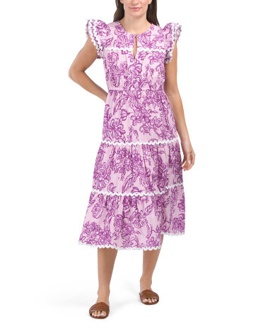 Flutter Sleeve Floral Midi Dress With Rick Rack Trim | TJ Maxx