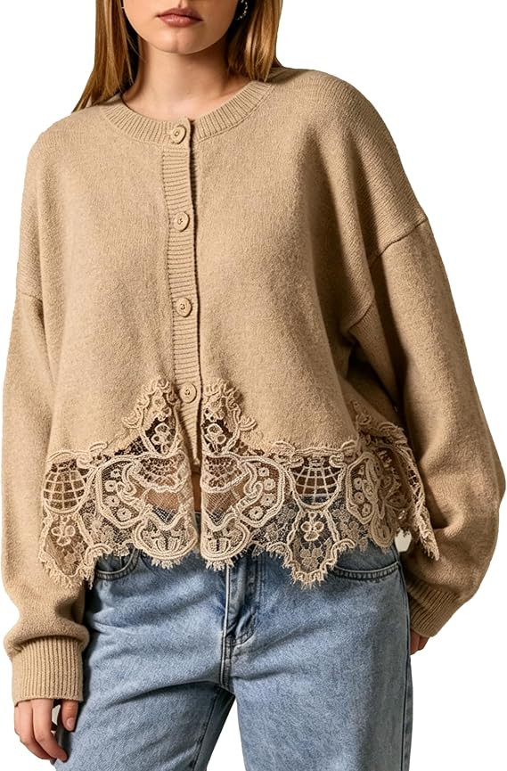 Daacee Women Lace Trim Cardigan Oversized Long Sleeve Button Sweater | Amazon (US)