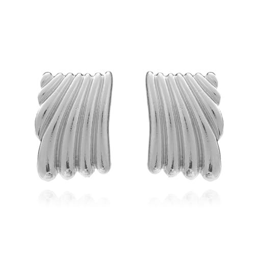 XYAYOU Minimalist Alloy Chunky Striped Rectangle Geometric Square Statement Stud Earrings for Women Jewelry (sliver) | Amazon (US)