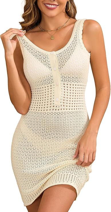 Women's Crochet Swimsuit Coverup Hollow Out Sleeveless Dress for Women 2025 Knit Button Tank Dres... | Amazon (US)