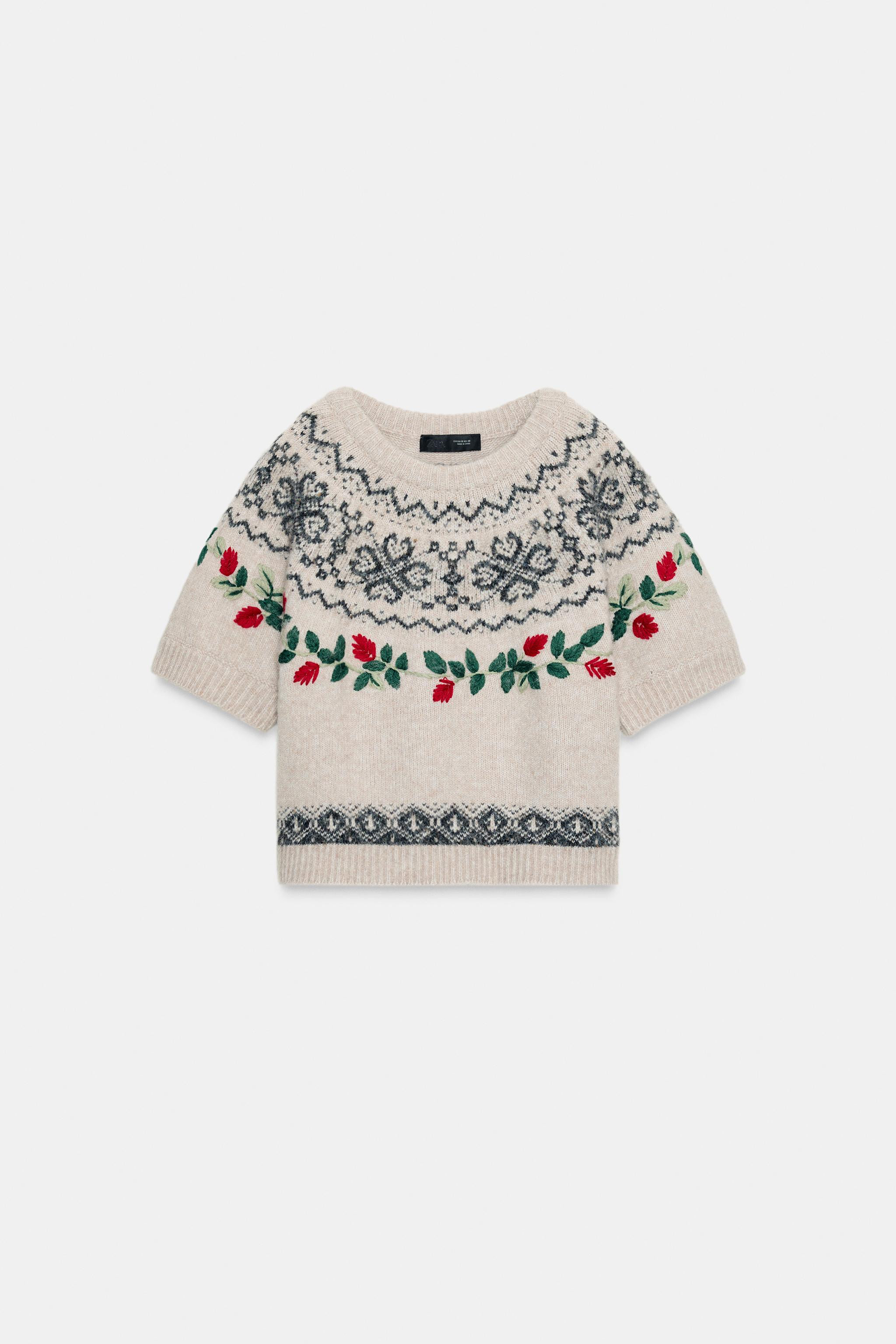 SHORT SLEEVE EMBROIDERED JACQUARD KNIT JUMPER | Zara US