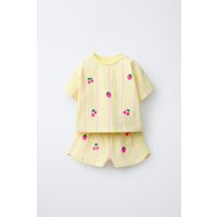 Zara - Embroidered Floral Striped Tee And Bermuda Set - Light Yellow - 6 Years (45,2 Inches) - Kids | Zara US