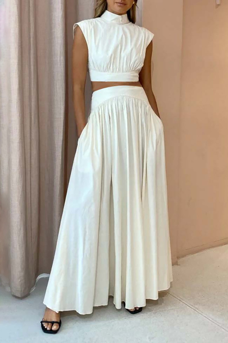 High Neck Short Sleeve Crop Top Pocket Maxi Skirt Pleated White Matching Set | Cherley