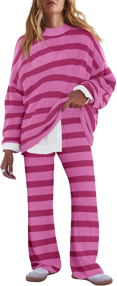 LAMISSCHE Oversized Womens Lounge Set Striped Sweater Set Long Sleeve 2 Piece Pajama Set Top and ... | Amazon (US)