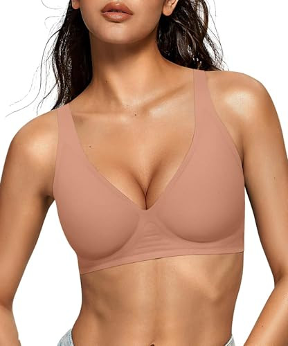 OEAK Womens Deep V Bras Wireless Comfortable Bra Supportive No Underwire Bras Tshirt Push Up Bralettes Plunge Seamless Bra Latte M | Amazon (US)