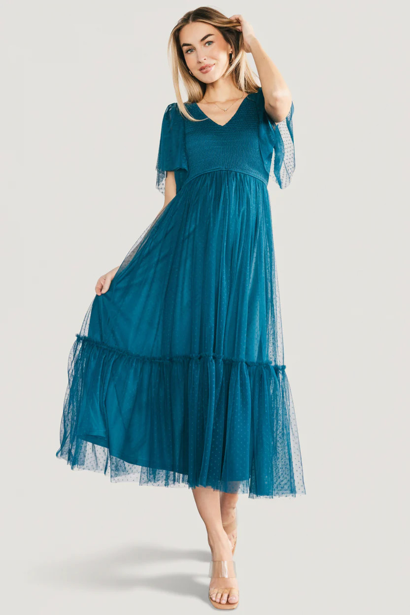 Martha Smocked Tulle Dress - Teal Midi Dress | Baltic Born | Baltic Born