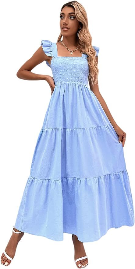 MakeMeChic Women's Summer Boho Dress Floral Print Spaghetti Strap Square Neck Shirred Maxi Dress ... | Amazon (US)