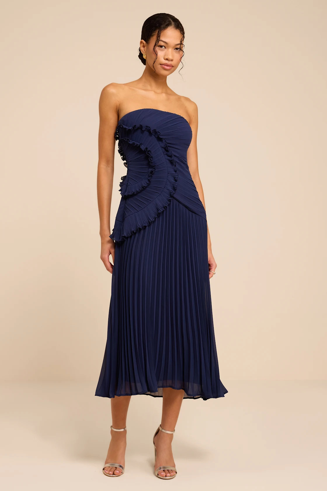 Brylee Navy Pleated Ruffled Midi Dress | Lulus