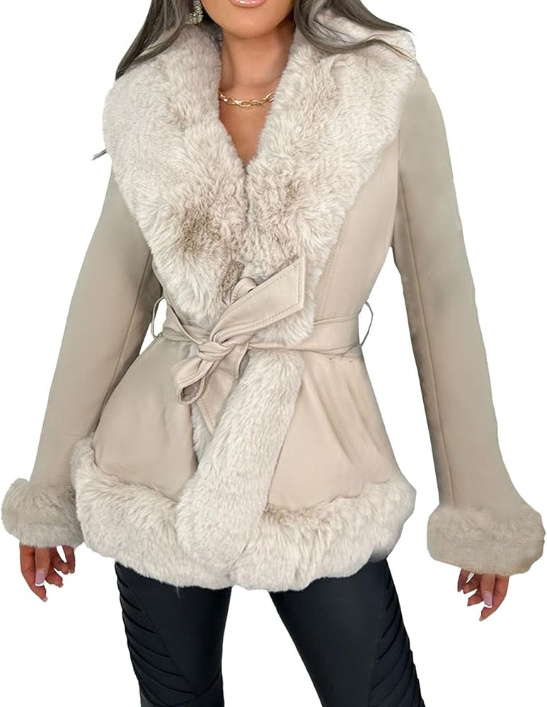 Womens Faux Leather Jacket Winter Long Sleeve Peplum Parka with Faux Fur Collar And Belt Furry Tr... | Amazon (US)