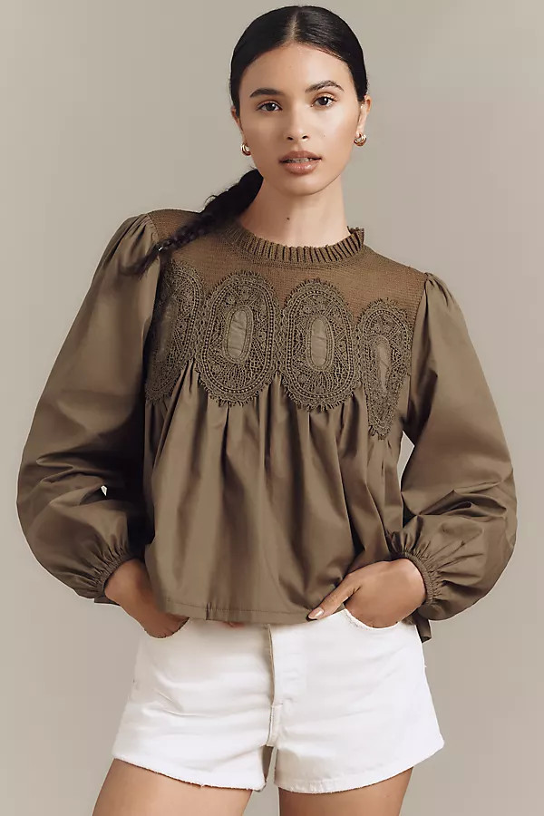 The Iris Long-Sleeve Lace Poplin Blouse by En Elly | Anthropologie (US)