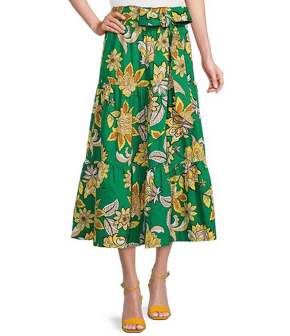 Floral Print Poplin Tiered Tie Belt Midi Skirt | Dillard's
