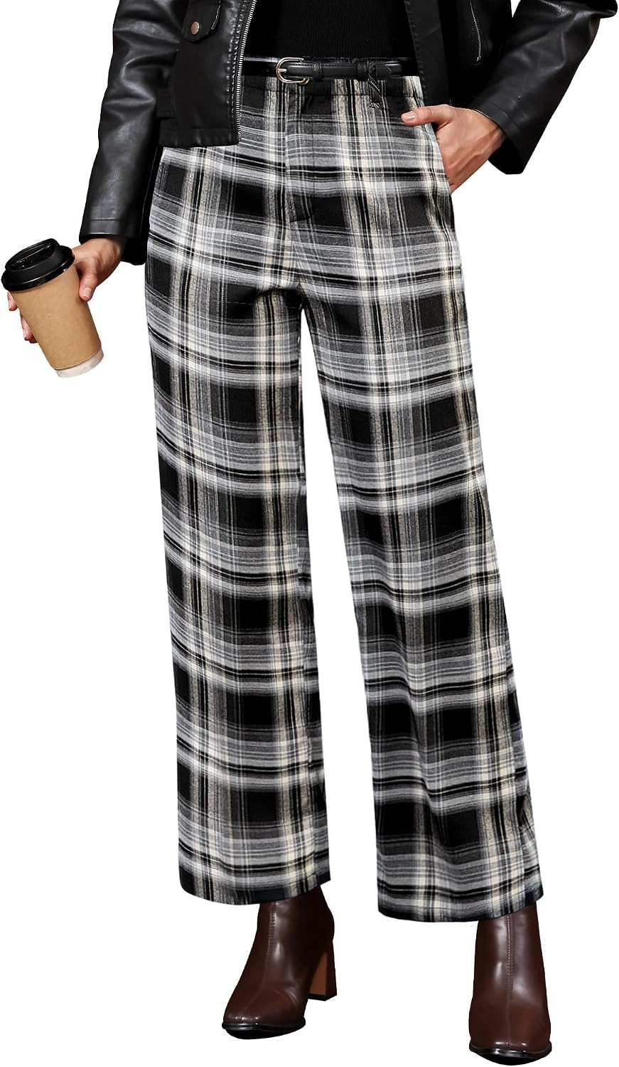 GRAPENT Plaid Pants for Women Wide Leg High Waisted Tartan Work Business Casual Elastic Waist Trousers Pants with Pocket | Amazon (US)