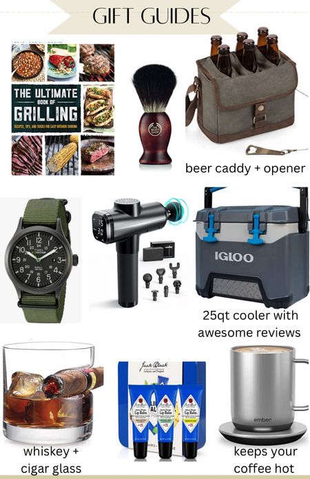 Gift guide for men, grill master, shaving kit, beer caddy with beer opener, watch, massage gun, 25 quart cooler, cigar and whiskey glass, reheated mug 

#LTKGiftGuide #LTKSeasonal #LTKmens