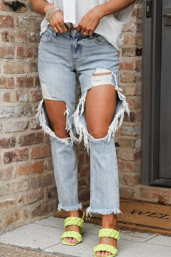 Mid Rise Fit Destroyed Denim Jeans | Material Girls