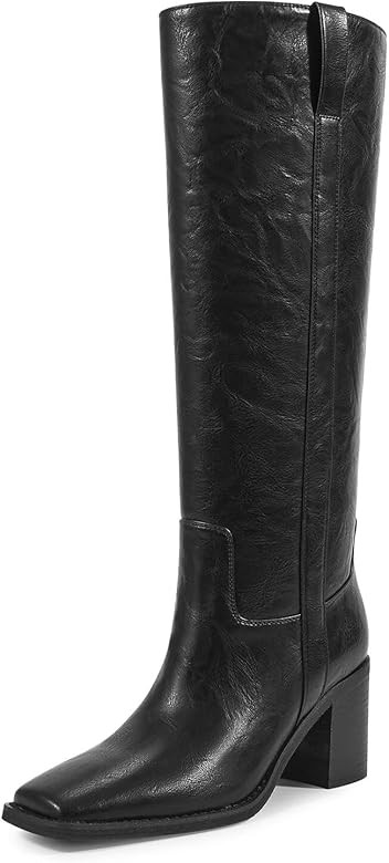 ISNOM Knee High Boots for Women, Chunky Boots with Square Toe, Mid Heel, Pull On Tall Riding Boot... | Amazon (US)