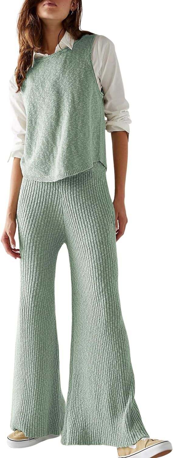 Yeokou Women 2 Piece Summer Casual Outfits Crew Neck Sleeveless Top and Wide Leg Pants Sweater Se... | Amazon (US)