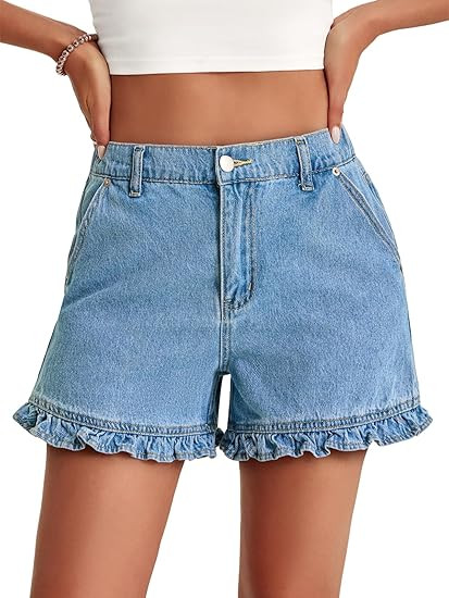 Aoysky Womens Summer Ruffle Denim Shorts Cute High Waisted Cotton Short Jeans with Pockets | Amazon (US)