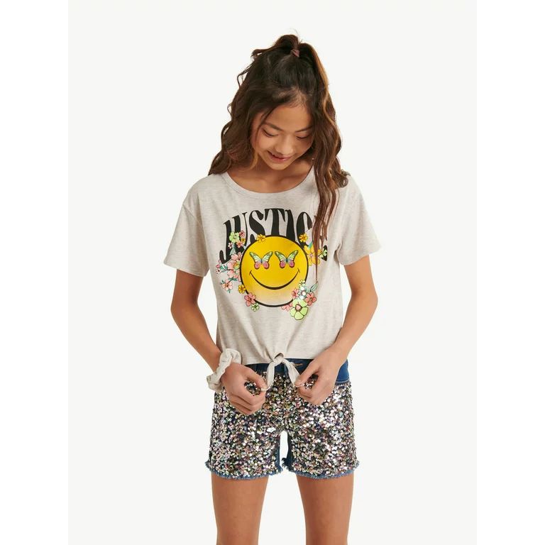 Justice Girl's Short Sleeve Tie Front T-Shirt With Scrunchie, Sizes XS-XLP | Walmart (US)