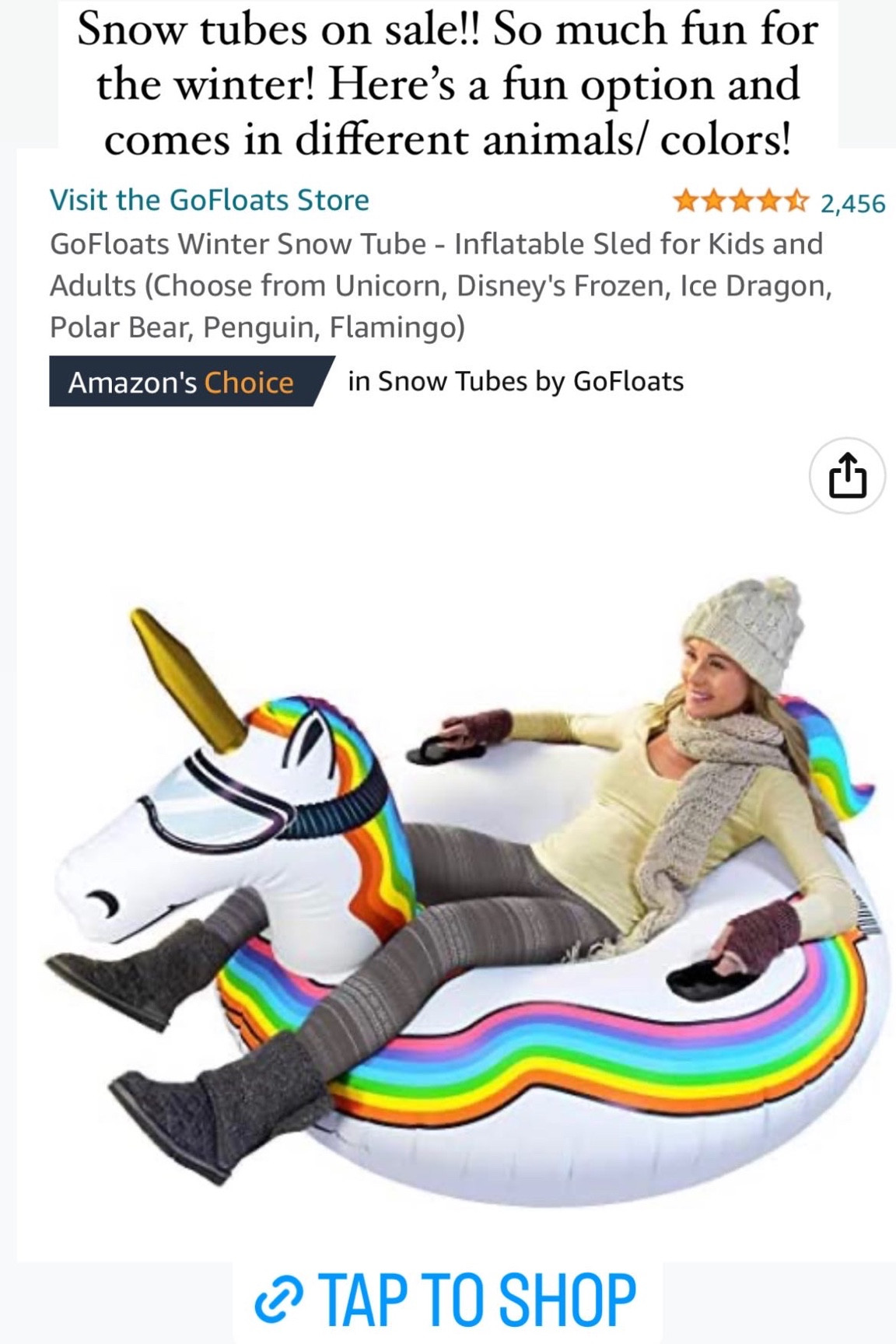 Fun snow tubes on sale! Comes in different animals and color options! How fun for the winter time and makes such a fun gift to give for Christmas! 

#LTKsalealert #LTKfamily #LTKHoliday
