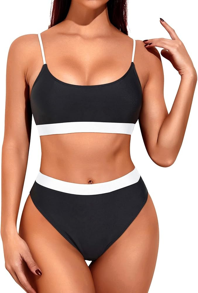 Tempt Me High Cut Sporty Bikini Set Two Piece Scoop Neck Swimsuits for Women Crop Top Bathing Sui... | Amazon (US)