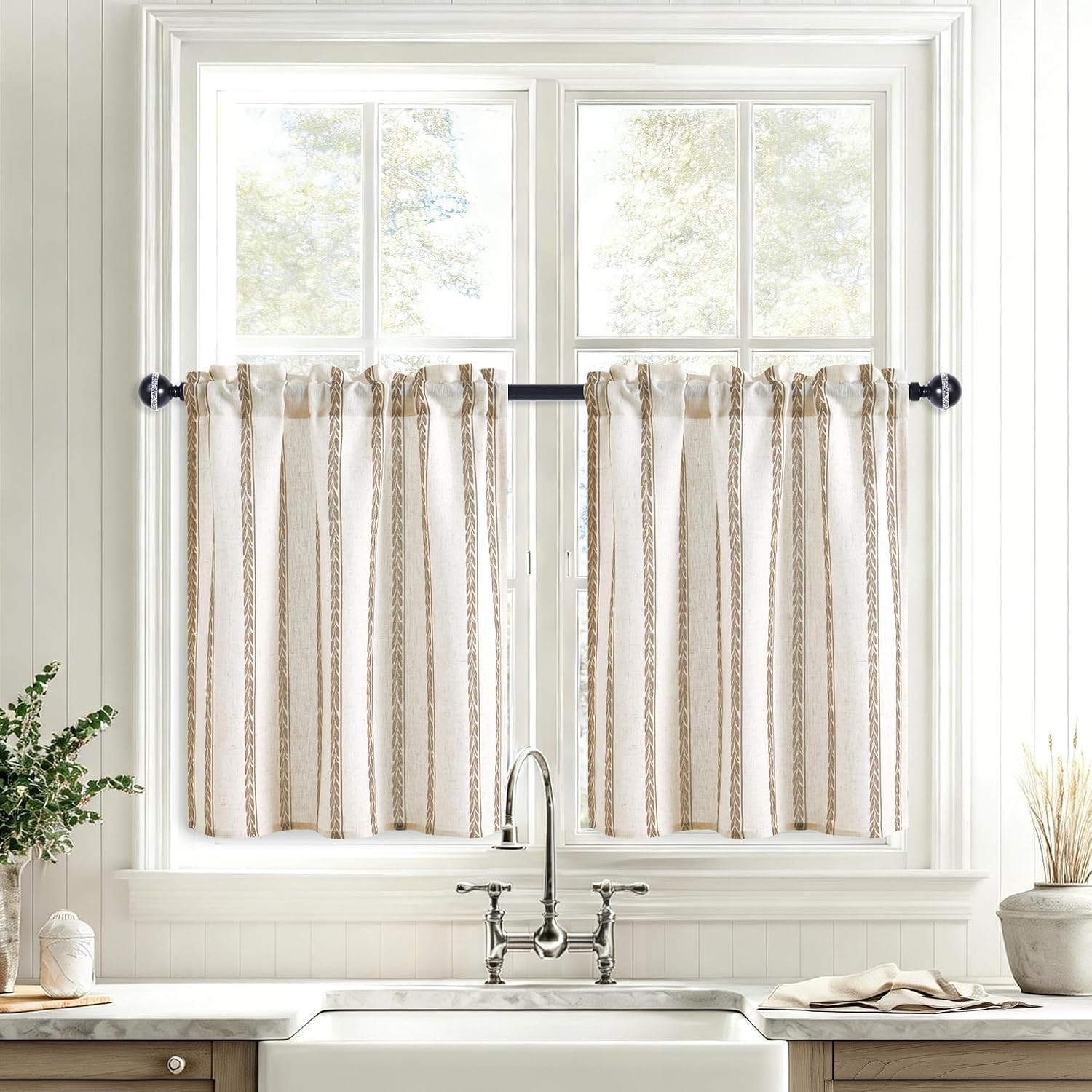 Farmhouse Striped Linen Kitchen Curtains 2 Panels - Short Tier Drapes 36 Inch Length, Rod Pocket Rustic Window Treatment for Bathroom Living Room, Wheat Stripe Brown | Amazon (US)