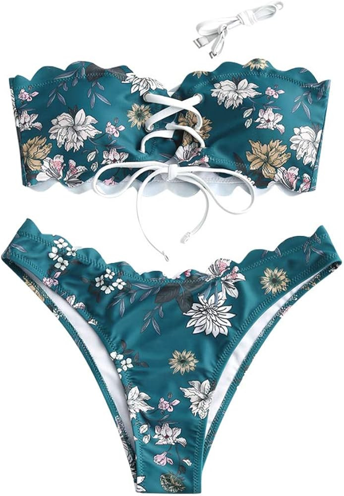 ZAFUL Women Lace-up Scalloped Bandeau Bikini Set Floral Swimsuit High Cut Bathing Suit | Amazon (US)