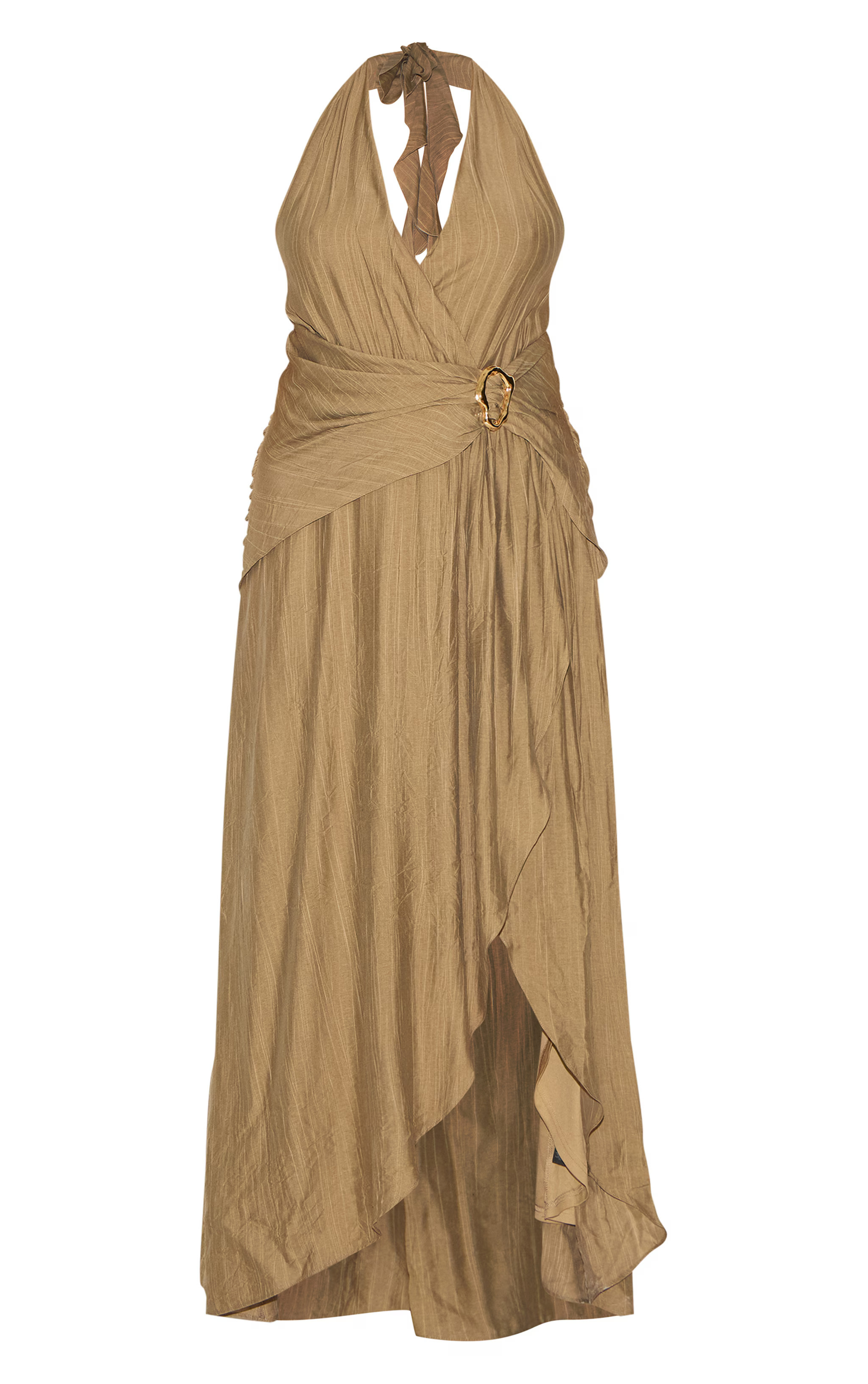 Plus Olive Textured Plunge Trim Detail Maxi Dress | PrettyLittleThing UK