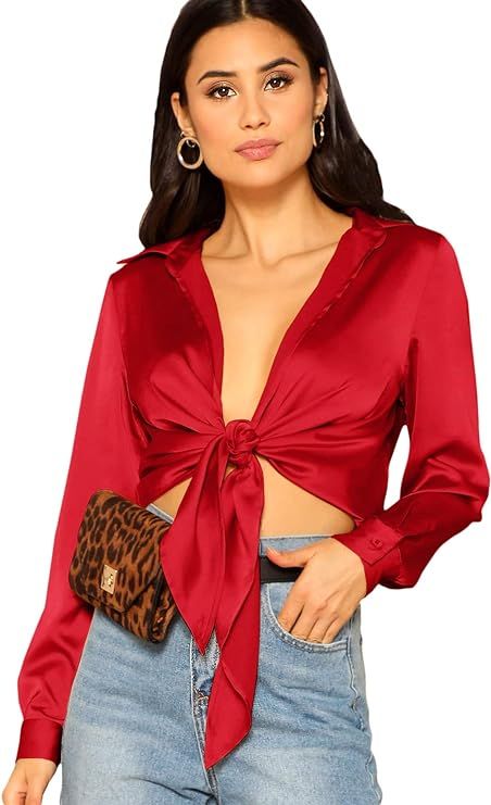SheIn Women's Long Sleeve Self Tie Knot Front Satin Crop Top Blouse Shirt | Amazon (US)