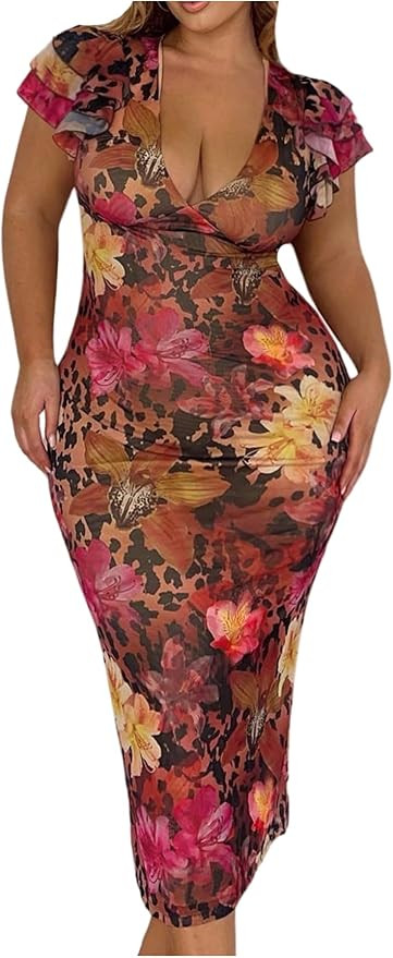 BEAUDRM Women's Plus Size Cocktail Floral Maxi Dress Deep V Ruffle Short Sleeve Bodycon Mesh Wedd... | Amazon (US)