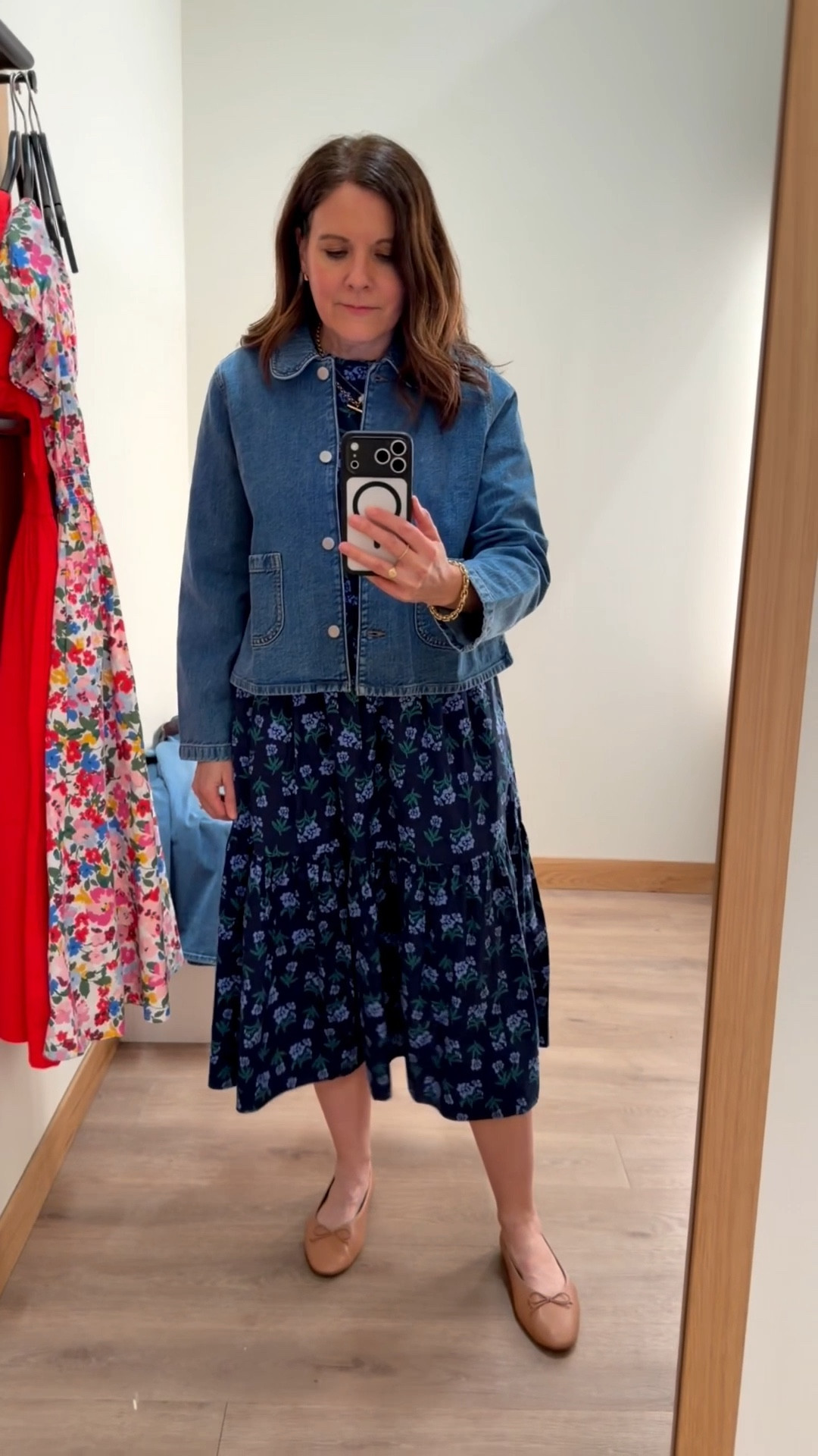 This navy floral midi dress from J.Crew Factory is a great option for a graduation or Easter service. It has a thin elastic waistband, pockets, and is super comfortable. Easy to wear. I'm in a size 6, which is the recommended size for my bust size, 36B. I’m in this jacket in a size medium. 

#LTKMidsize #LTKOver40