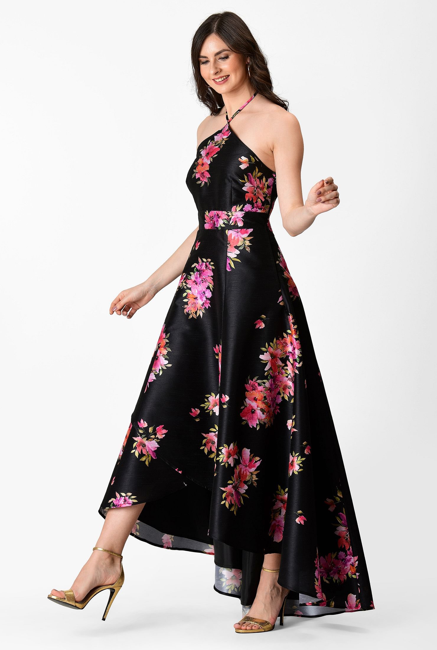 Halter ties floral print dupioni high-low maxi dress | eShakti