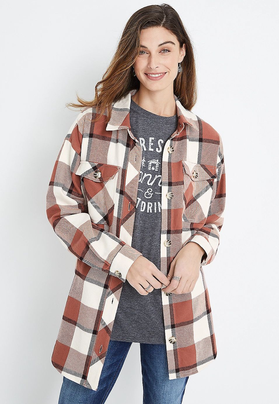 Brown Plaid Flannel Shacket | Maurices