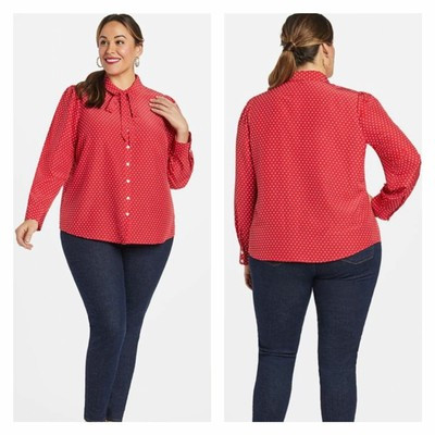 Draper James Polka Dot Tie Neck Button Down Blouse Red White Plus Size 22 Top | eBay US