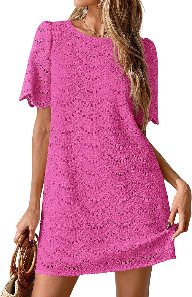 PRETTYGARDEN Women's 2026 Summer Casual Short Dresses Embroidered Lace Short Sleeve Boho Mini Dre... | Amazon (US)