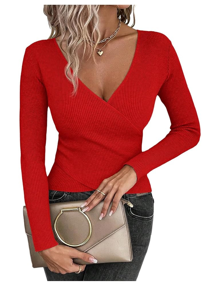 SOLY HUX Sweaters for Women V Neck Criss Cross Wrap Front Long Sleeve Sweater Knit Pullover Fall ... | Amazon (US)