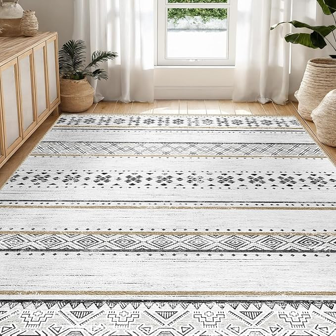 BESTSWEETIE 5x7 Area Rugs for Living Room Washable Moroccan Farmhouse Neutral Geometric Low Pile ... | Amazon (US)
