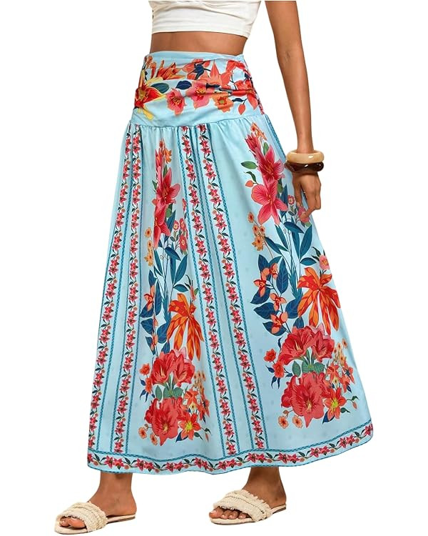 Verdusa Women's Boho Floral Print Maxi Skirt Shirred High Waisted A Line Flowy Long Skirts | Amazon (US)