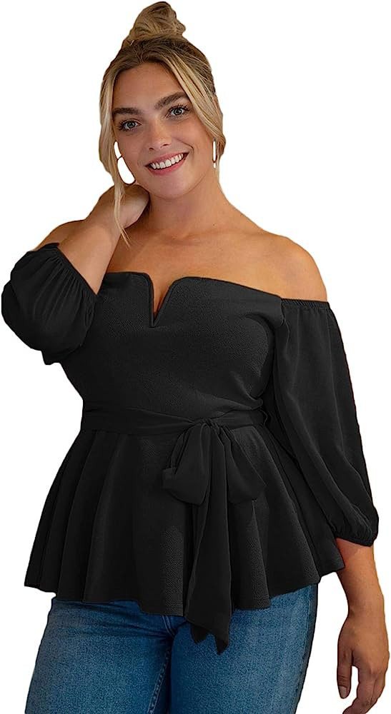 Floerns Women's Plus Size Off The Shoulder Belted Peplum Blouse Top | Amazon (US)