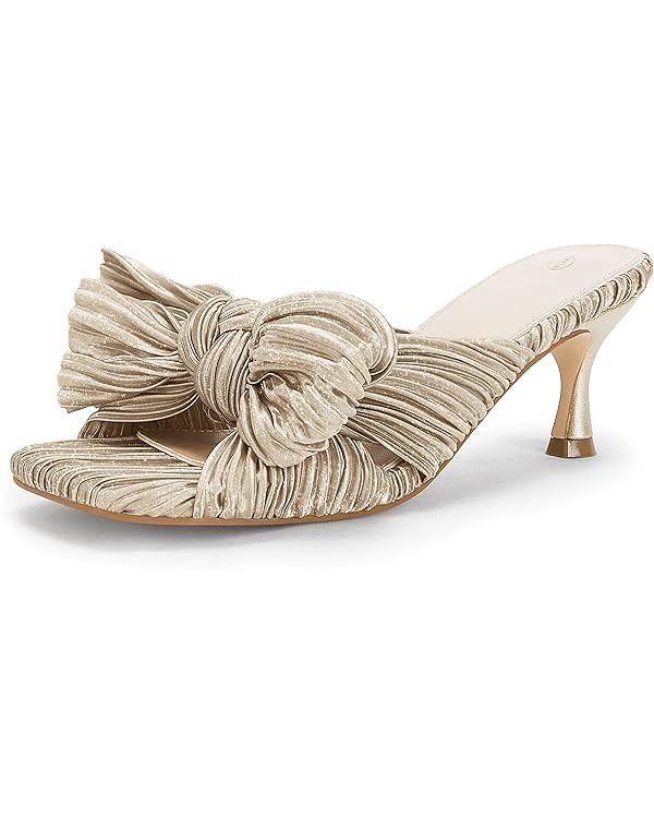 Coutgo Womens Bow Heeled Sandals Pleated Bowknot Heels Open Square Toe Cute Kitten Heel Mules Sli... | Amazon (US)