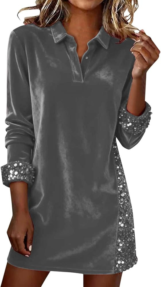 Sequin Dress for Women Long Sleeve Velvet Sparkly Dresses Midi Collared Neck Holiday Party Homeco... | Amazon (US)