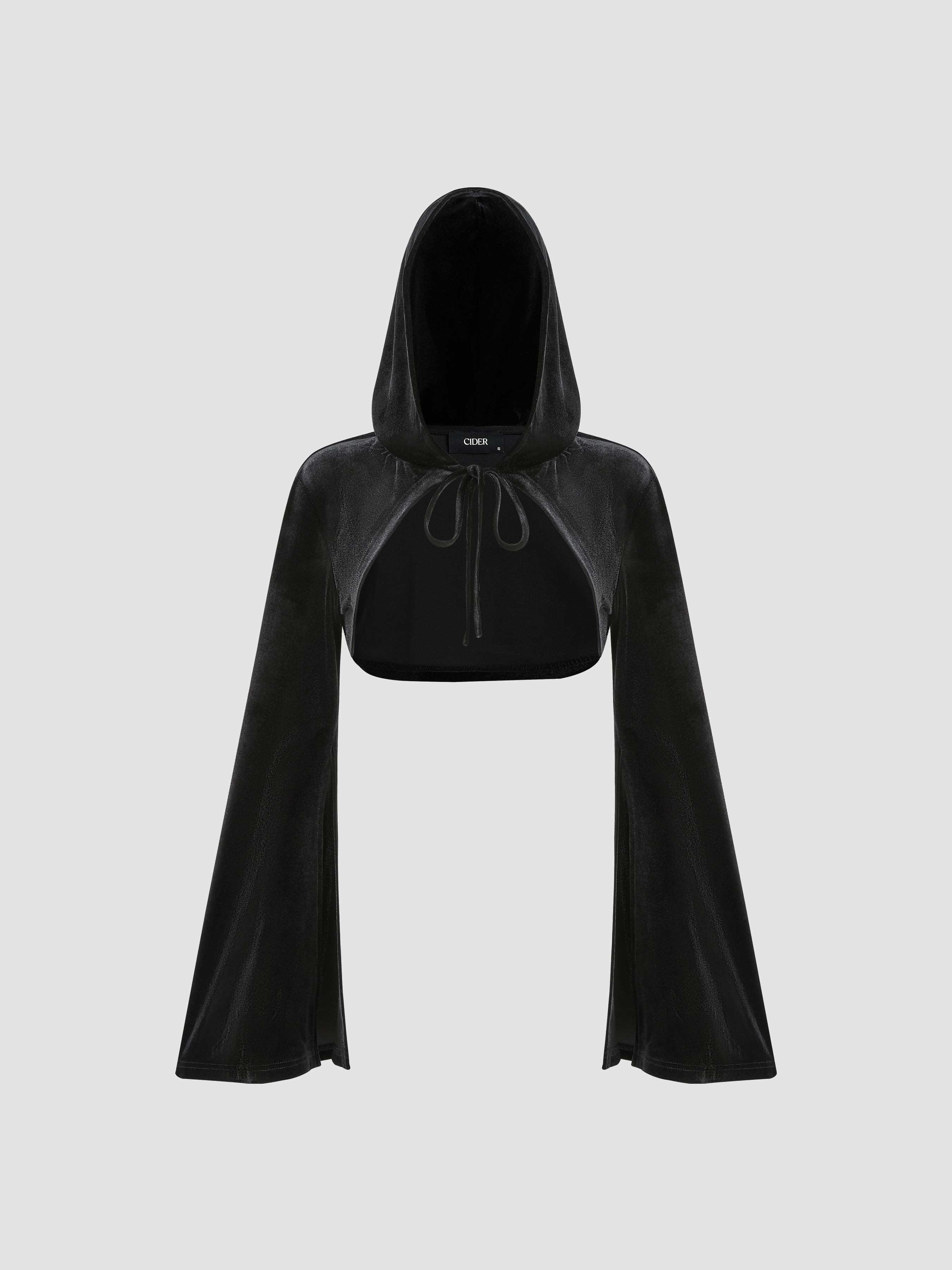Velvet Hooded Solid Knotted Long Sleeve Crop Top | Cider