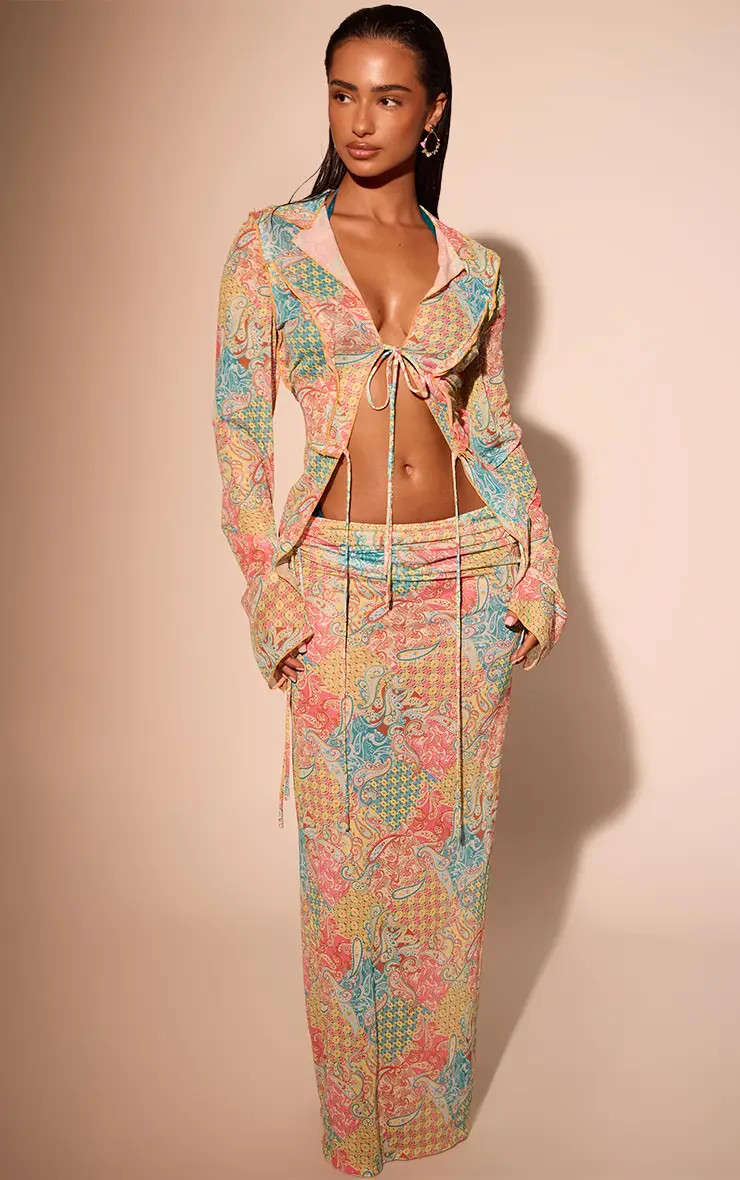 Lemon Paisley Print Mesh Tie Front Beach Shirt | PrettyLittleThing UK