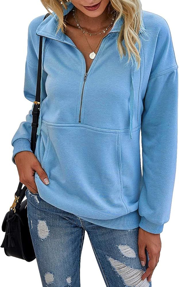 PRETTYGARDEN Women’s Casual Long Sleeve Lapel Zipper Sweatshirt Drawstring Loose Pullover Tops | Amazon (US)