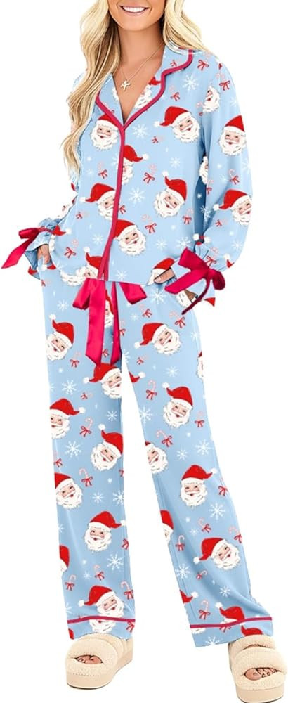 Juakoso Santa Satin Christmas Pajamas for Women Bow Tie Long Sleeve Shirt Pants Cute 2 Piece Ruff... | Amazon (US)