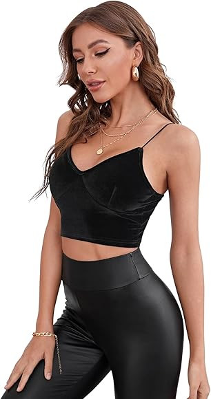Floerns Women's Basic Strappy Velvet V Neck Vest Crop Cami Top | Amazon (US)