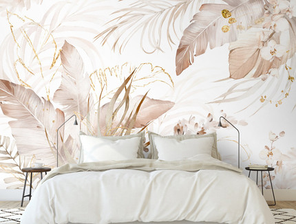 Pastel Tropical Banana Leaves Removable Boho Mural Soft Palm Leaf Peel and Stick Jungle Wall Deca...