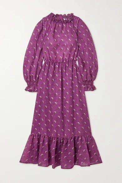Sea - Alexis Ruffled Floral-print Wool-blend Midi Dress - Purple | NET-A-PORTER (US)
